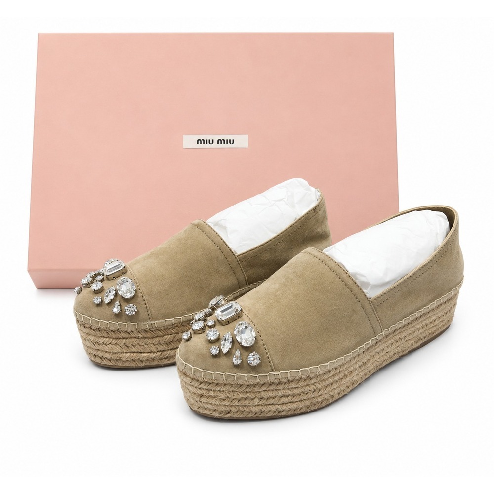 Miu Miu Crystal Suede Platform Espadrille Loafers Women's Size 37 (7)‎